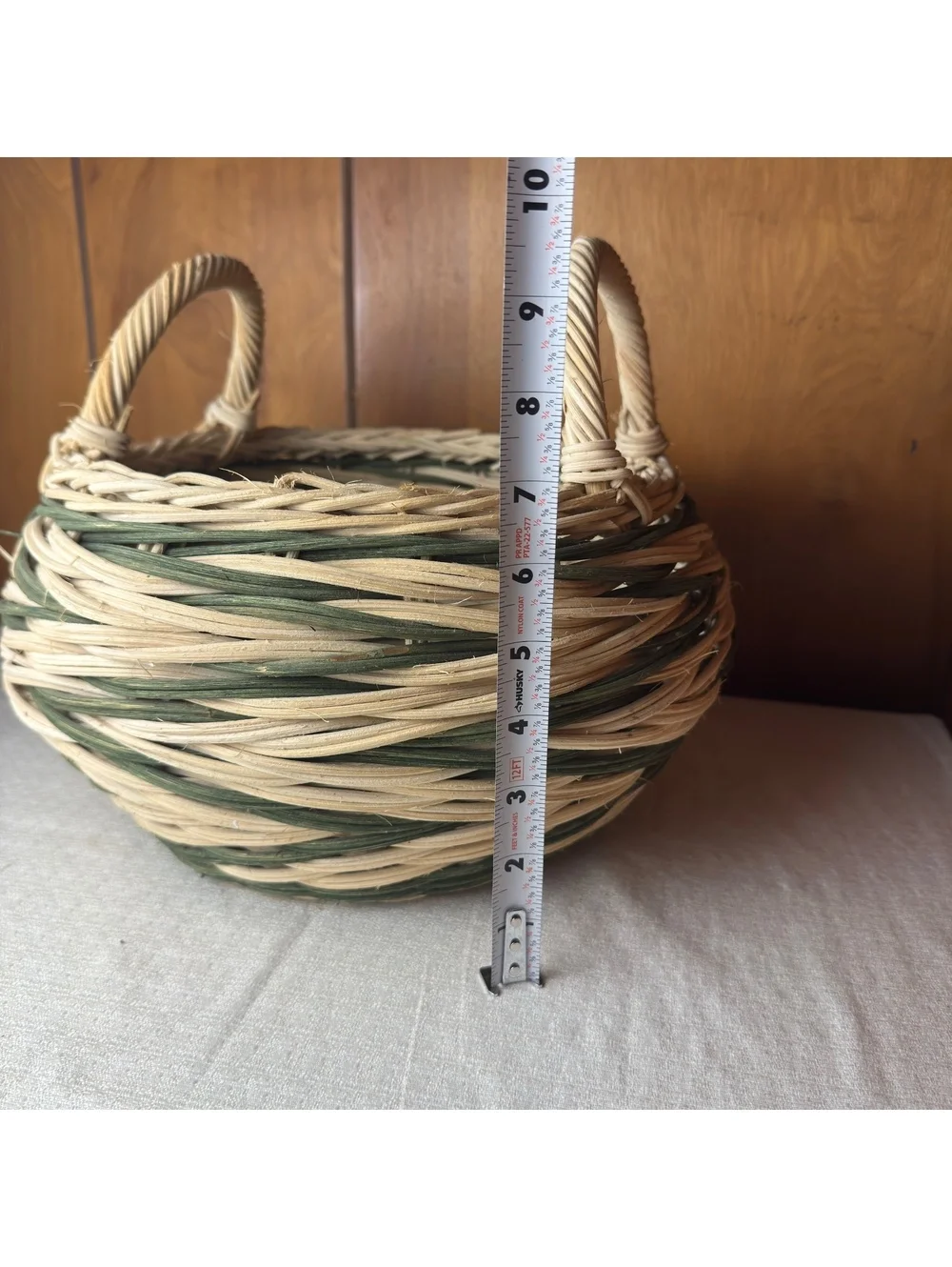 Handwoven Wicker Basket Green Cream Round Double Handle Farmhouse Cottage Decor